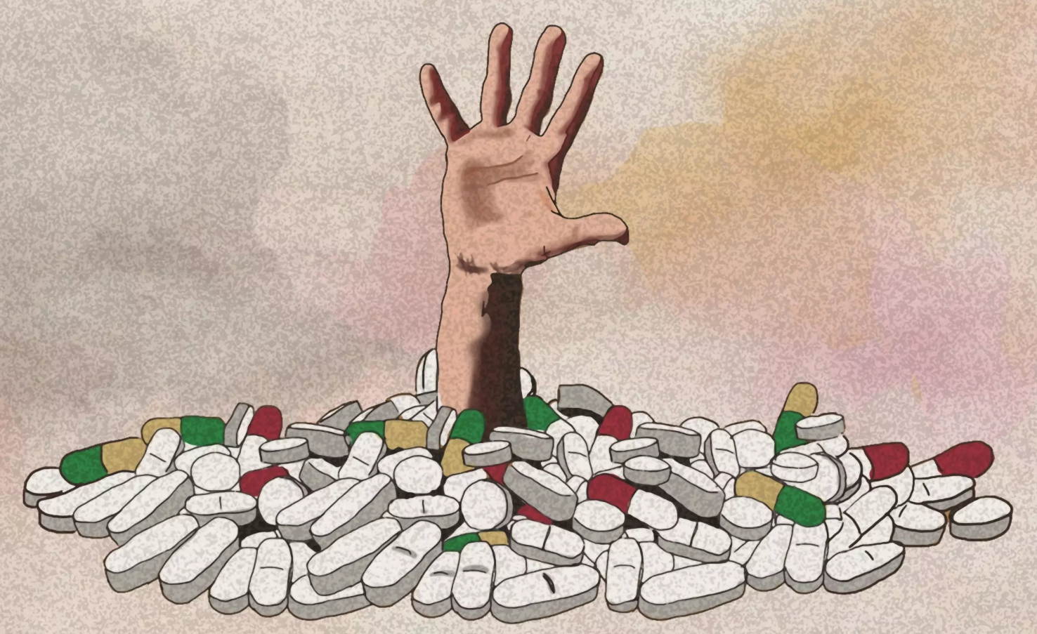 A hand emerging from a pile of pills