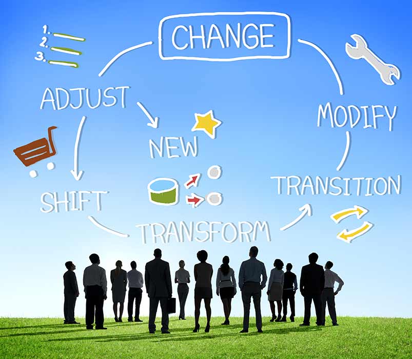 A graphic detailing the changing process using the terms Change, Adjust, New, Shift, Transform, Transition, and Modify